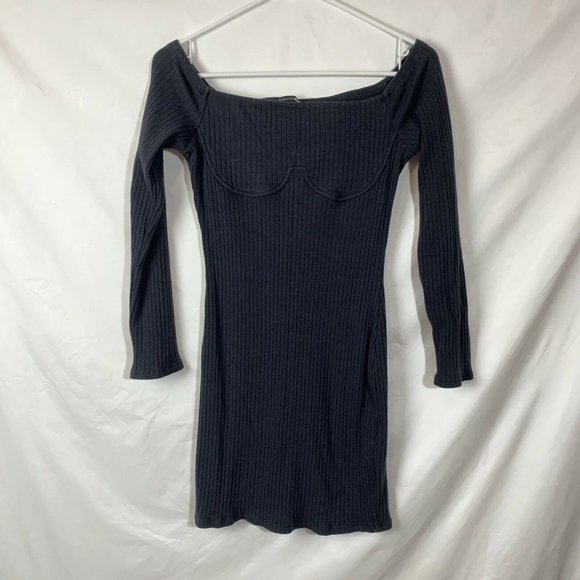 Fashionnova Black Dress Size Large Ribbed Knit Long Sleeve Off Shoulder - Picture 8 of 12
